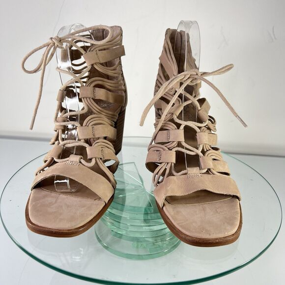 Vince Camuto Kaiann Heel Sandal Nude Suede Leather Lace Up Block Heel - Picture 2 of 9